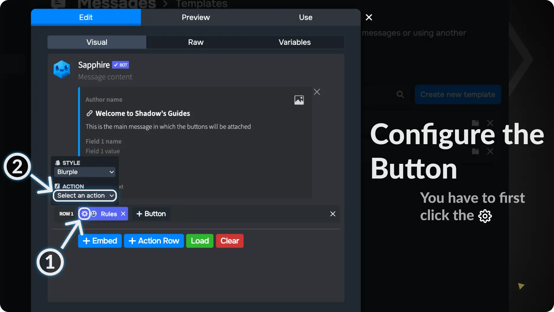Sapphire Messages via buttons Configure the Button on Message Template