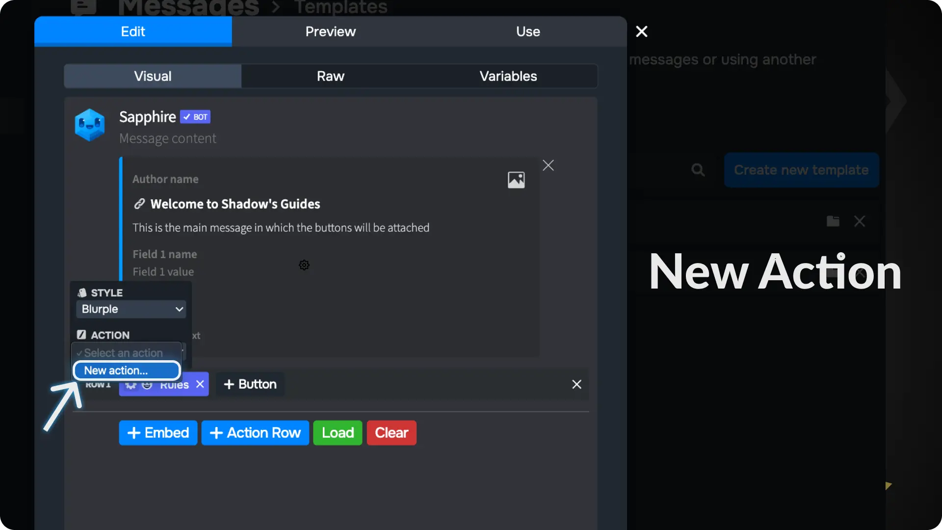 Sapphire Messages via buttons Create a New Action