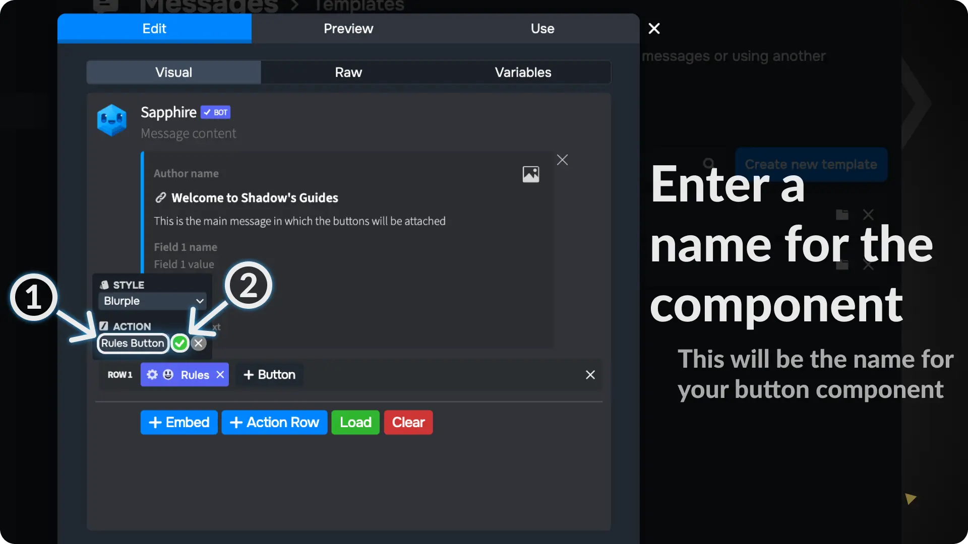 Sapphire Messages via buttons Enter a name for your Button Component