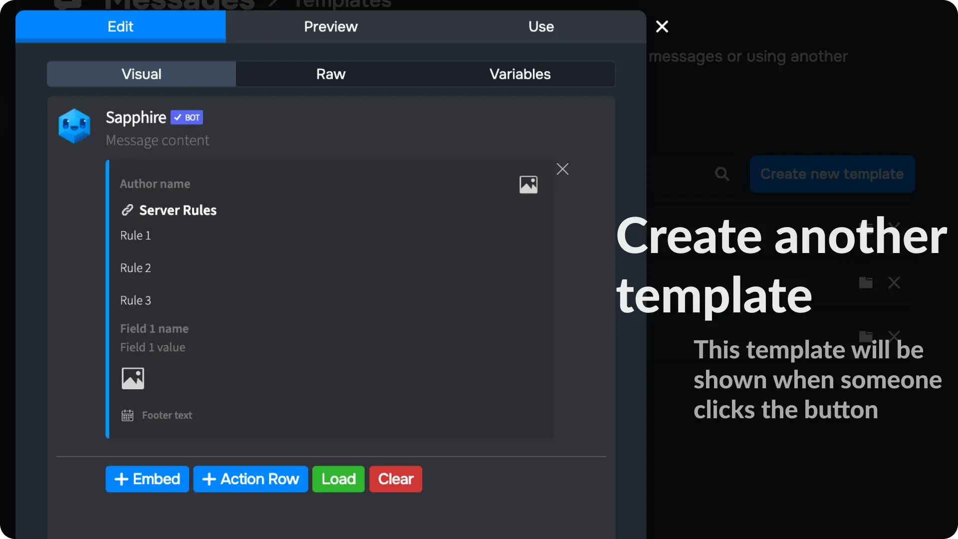 Sapphire Messages via buttons Create another message template